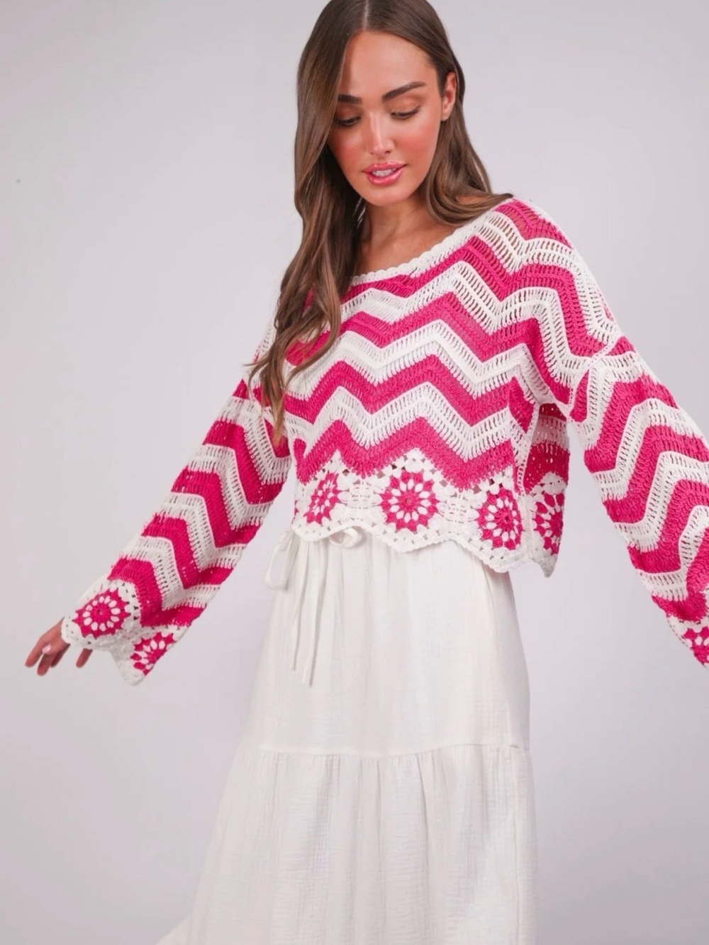 Crochet Chevron Crop Top in Hot Pink and White
